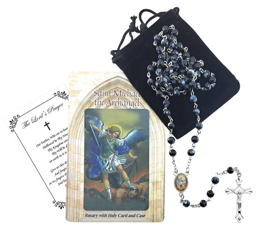 St Michael Rosary - Saint Michael Rosary, St Michael Prayer Card, Pouch, Lord's Prayer Card Set | Marbled Style Archangel St Michael Rosary Beads with Crucifix, Catholic Cross for Men, Women, Car