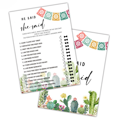 Bridal Shower Games, Fiesta Mexican Bridal Shower Decorations, He Said She Said Cards for Bridal Shower Bachelorette Party, Wedding Engagement Party, Set of 30 Game Cards (A10) Bridal Shower Games, Fiesta Mexican Bridal Shower Decorations, He Said She Said Cards for Bridal Shower Bachelorette Party, Wedding Engagement Party, Set of 30 Game Cards (A10)