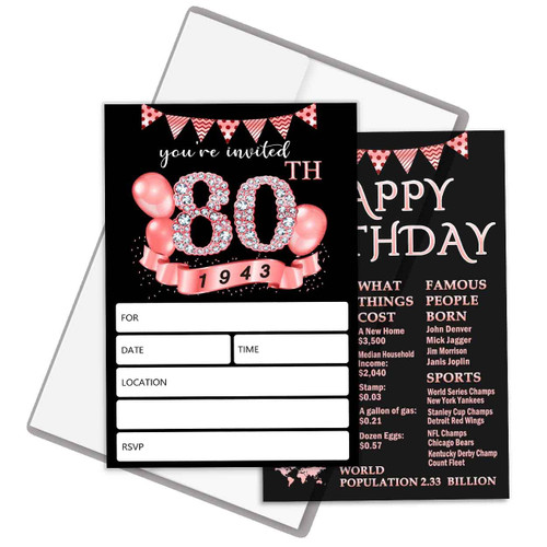 QZCYU 80th Birthday Invitations with Envelopes For Woman, 80th Birthday Party Invitations, Black & Rose Gold Adult Birthday Invitations - Set of 20 QZCYU 80th Birthday Invitations with Envelopes For Woman, 80th Birthday Party Invitations, Black & Rose Gold Adult Birthday Invitations - Set of 20