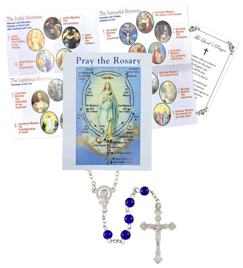 How To Pray The Rosary - Pray The Rosary Booklet, Dark Blue Glass Beads Rosary, Lord's Prayer Card | How To Pray The Rosary Pamphlet Set for Daily Prayers, Baptism, Communion, Confirmation | 3 Items