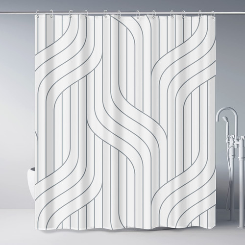 Punkray Grey Striped Polyester Shower Curtain for Bathroom with Hooks Bath Curtains Set Decorative White Shower Curtains Water Repellent Washable, 72x72