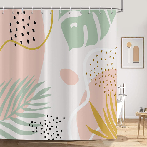 CRTPOD Abstract Shower Curtain Sage Green Boho Plant Leaves Bath Curtain with Hooks Simple Geometric Shower Curtain for Bathroom Waterproof Polyester Fabric Decor 72Wx72L