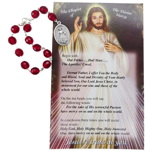 Catholic Prayer Card and Rosary Gift Set, Chaplet of the Divine Mercy with Red Beads and Silver Tone Jesus I Trust in You Medal, Religious Gift Book Page Holder, 5.75 Inches