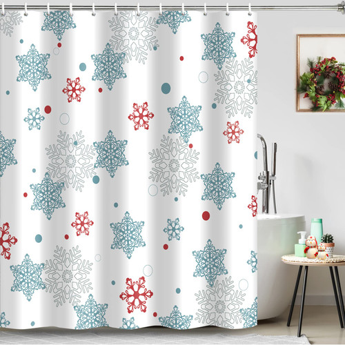 Blue Snowflakes Shower Curtain Merry Christmas Shower Curtains Red Gray Snowflake Shower Curtains Winter Holiday Bathtub Curtain for Bathroom Washable Fabric with 12 Hooks Xmas Decor 59 * 71 Inches