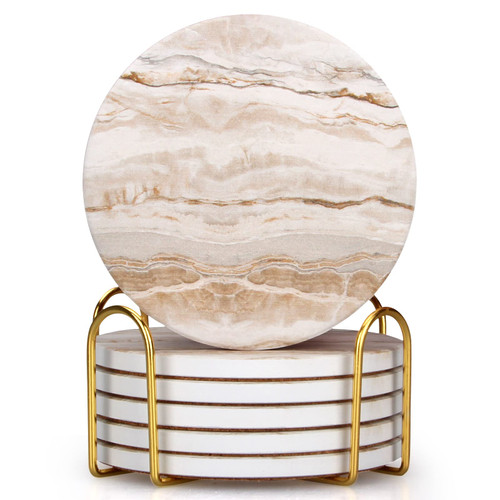 6 Pcs Marble Ceramic Coasters with Holder Best Absorbent Drink Coasters Round Ceramic Table Coasters Set Decorative Coffee Cup Beverage Coasters Wine Beer Bar Coasters