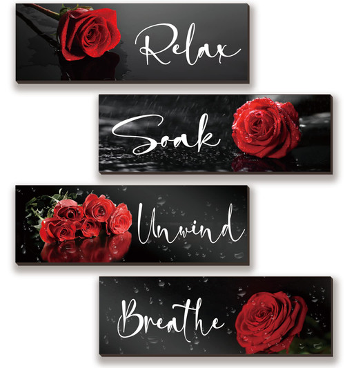 4 Pieces Red Rose Bathroom Wall Decors Flower Restroom Red Decor Relax Soak Unwind Breathe Red Wall Art Farmhouse Red Bathroom Decor Sign for Bedroom Living Room Home Decoration(Red Rose 12x4 Inch)