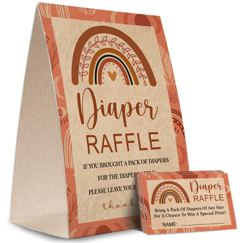 Kraft Paper Diaper Raffle Sign,Diaper Raffle Baby Shower Game Kit (1 Standing Sign + 50 Guessing Cards),Boho Rainbow Raffle Insert Ticket,Card for Baby Shower Game to Bring a Pack of Diapers-NPZ08