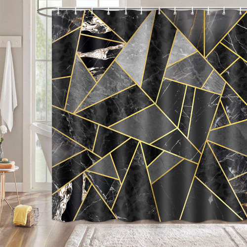 Decoreagy Golden Geometric Marble Shower Curtain,Black Abstract Luxury Marble Bathroom Shower Curtains Sets,Gold Lines Texture Art Bath Curtain for Bathtub with 12 Hooks 72X72In,Waterproof Fabric