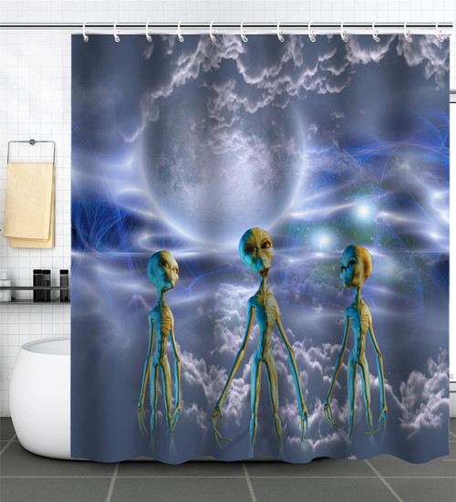 URLINENS Kids Shower Curtain, 3D Surreal Image of Visitor Alien Beings Bathroom Curtain 72x72 Inch with 12 Hooks, Waterproof Shower Curtains for Bathroom Decor Sci-fi Theme Fabric Shower Curtain
