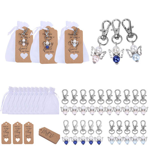 Adeeing Angel Keychain Baptism Christening Favors 20 Pcs Guardian Angel with Organza Bags and Thank You Cards Guest Gift for Girl Boy Baptism Baby Shower Wedding Communion Party (Three Colors)