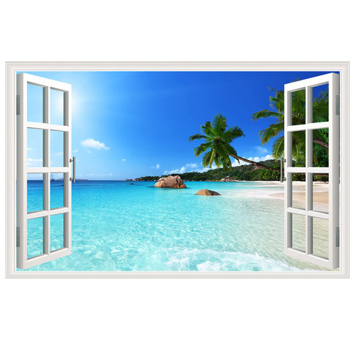 3D Beach Seascape Wall Sticker Removable Fake Windows Wall Sticker Coastal Palm Tree Wall Mural for Bedroom Living Room Decoration