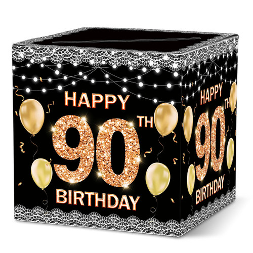 Ymyfdyj 90th Birthday Card Box, Black Gold Card Box Holder for Birthday, Birthday Gift or Money Receiving Card Box, Birthday Party Decorations Supplies(1pc)- C17