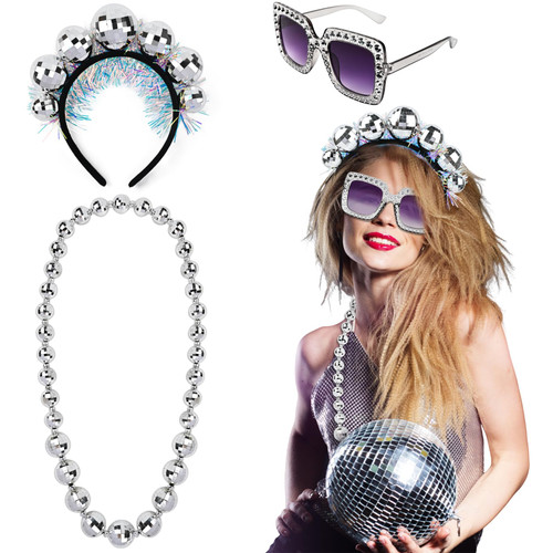Kavoc Disco Costume Accessories Set Including Disco Ball Headband Rock Disco Sunglasses for Disco Theme Party Dance Party Supplies