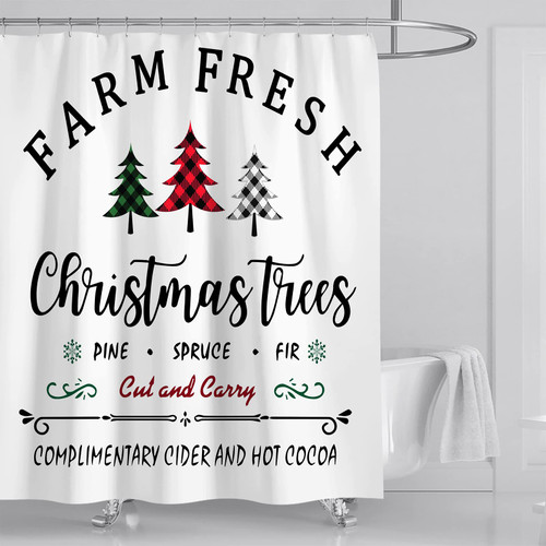 AUSOMGOO Farm Fresh Christmas Shower Curtain Buffalo Plaid Christmas Trees Shower Curtains 72 x 72 Inch Rustic Farmhouse Bathroom Curtain with Hooks Christmas Bathroom Decor