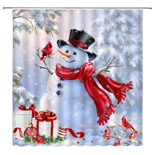 KTGHA Snowman Shower Curtain Snowflake Merry Christma Pine Tree Snowy Winter Bird Happy New Year Xmas Holiday Fabric Bathroom Decor Set with Hooks?70" Wx70 H?