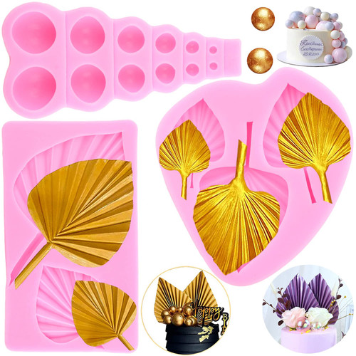 ZiXiang Fan Leaf Silicone Mold 3D Pearl Fondant Mold Ball Pearl Semi Sphere Chocolate Silicone Molds Tropical Palm Leaf Candy Mold For Cake Decorating Cupcake Topper Polymer Clay Gum Paste Set Of 3
