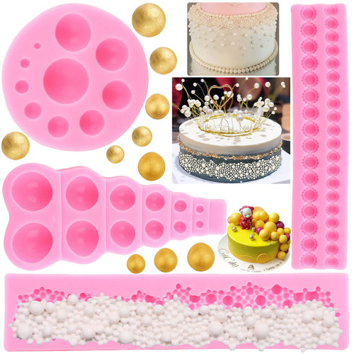 Mujiang 3D Pearl Fondant Mold Ball Pearl Semi Sphere Chocolate Silicone Molds Pearls Bubbles Candy Molds For Cake Decoration Cupcake Topper Polymer Clay Chocolate Gum Paste Set Of 4