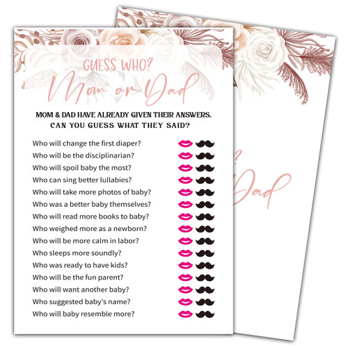 Guess WHO? Mom or Dad Baby Shower Games, Boho Floral Themed - 30 Game Card Set, Baby Gender Reveal Party Game, Baby Shower Party Decorations -008-012