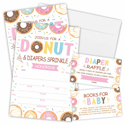 JCVUK Set of 25 Baby Shower Invitations with Envelopes, Diaper Raffle Tickets and Baby Shower Book Request Cards,Colored Donut Theme Babyshower Party For Boys or Girls(YQKTZ-B10)