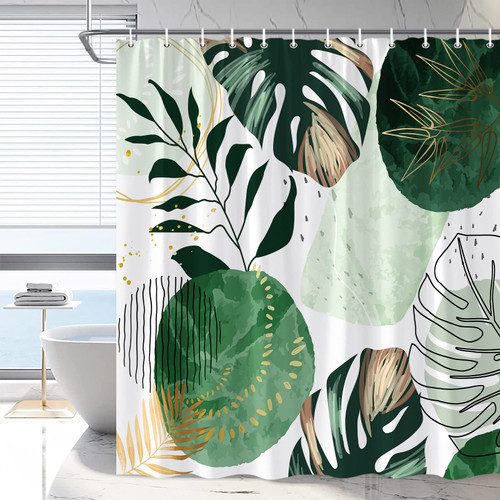 RDRUVA Abstract Tropical Leaves Shower Curtain Green Chic Boho Bathroom Curtains Summer Monstera Palm Botanical Plant Minimalist Watercolor Modern Bathtub Decor with Hooks 70 x 70 in