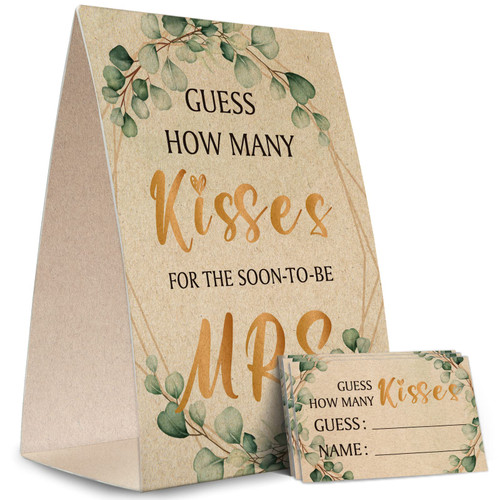Kraft Paper Bridal Shower Sign, Bridal Shower Game Cards Kit (1 Standing Sign + 50 Guessing Cards), Guess How Many Kisses For The Soon To Be Mrs,Bridal Tribe Party - NPZFR03
