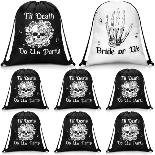 Amylove 7 Pcs Bride Drawstring Bags Bachelorette Party Drawstring Backpacks for Bridal Shower Wedding Party Bridesmaids Supplies Gift Bag 13.39 x 16.93 Inch (Gothic Style)