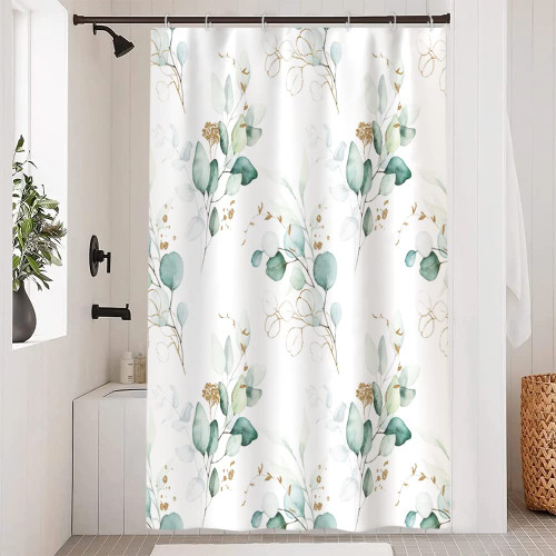 Ruelvth Eucalyptus Shower Curtain, Watercolor Sage Green and Gold Leaves Shower Curtain Set for Bathroom Waterproof Fabric Plant Bathroom Decor with Hooks, 54x72 Inch