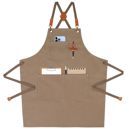 HXSEMAYIG Chef Aprons for Men Women with Large Pockets, Cotton Canvas Cross Back grilling Apron,Kitchen Cooking Adjustable Work Apron bbq apron M-XXL (Cappuccino Brown)