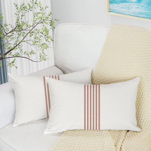 YCOLL Farmhouse Pillow Covers 12x20, Boho Throw Pillow Covers Set of 2, Burnt Orange Striped Linen Decorative Pillows Cushion Covers for Couch Sofa Bedroom