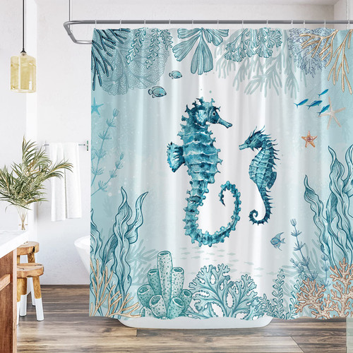 QWRSMYX Seahorse Shower Curtain Nautical Watercolor Coastal Starfish Seashell Coral Beach Ocean Themed Underwater Marine Home Bathroom Decor Set Polyester Fabric with Hooks 70Wx70H Inch