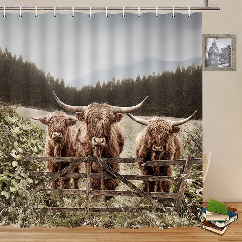 Yadshoti Highland Cattle Shower Curtains Rustic Animal Three Cows Wooden Fence Farm Forest Scenery Country Themed Bathroom Decor Fabric Curtain Set 70 x 70 Inch with Hooks