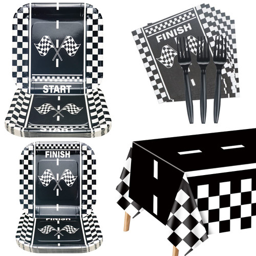 81Pcs Racing Car Party Decorations - Black and White Checkered Racing Car Tableware Set, Race Car Plates Napkins Forks Tablecloth for Kids' Race Car Themed Birthday Party, Serves 20 81Pcs Racing Car Party Decorations - Black and White Checkered Racing Car Tableware Set, Race Car Plates Napkins Forks Tablecloth for Kids' Race Car Themed Birthday Party, Serves 20