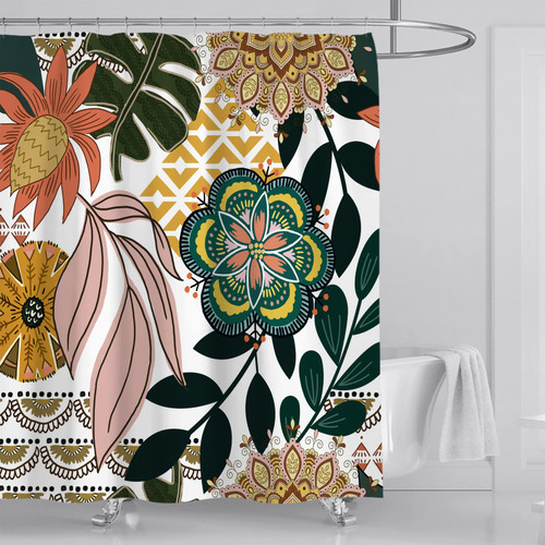 AUSOMGOO Boho Floral Shower Curtains 72 x 72 Inches Botanical Shower Curtain with Hooks Waterproof Polyester Fabric Shower Curtain for Bathroom Multi Flower Shower Curtain Sets Bathtub Curtains