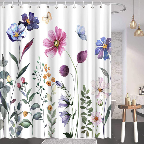 EUBTPA Spring Plant Flowers Butterflies Shower Curtains Colorful Floral Leaves Botanical Boho Nature Scenery Rustic Bathroom Decor Curtains with Hook