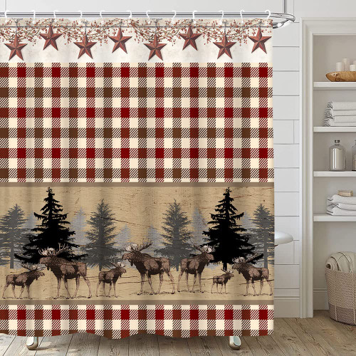 TENVSIN Deer Plaid Shower Curtain Moose Vintage Buffalo Check Plaid Farmhouse Hunting Animal Rustic Cabin Country Forest Silhouette Fabric Bathroom Decor Set with Hooks (70" Wx70 H)