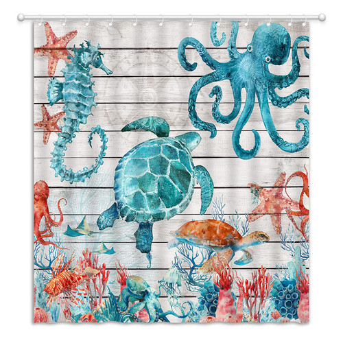 Sea Turtle Shower Curtain Nautical Octopus Seahorse Ocean Animal Kraken Tentacle Tropical Fish Starfish Coral Reef Marine Life Rustic Wooden Board Beach Coastal Decor Fabric Bathroom Curtain with Hook