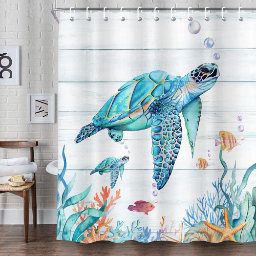 Sea Turtle Shower Curtain, Blue Ocean Shower Curtain for Bathroom Coastal Beach Decoration Teal Curtain Set with Hooks, 72 x 72 inch