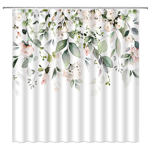 JEJUJT Green Leaf Shower Curtain Watercolor Eucalyptus Leaves Pink Floral Tropical Sage Green Plant Spring Nature Botanical Bouquet Decor Fabric Bathroom Curtain with Hook