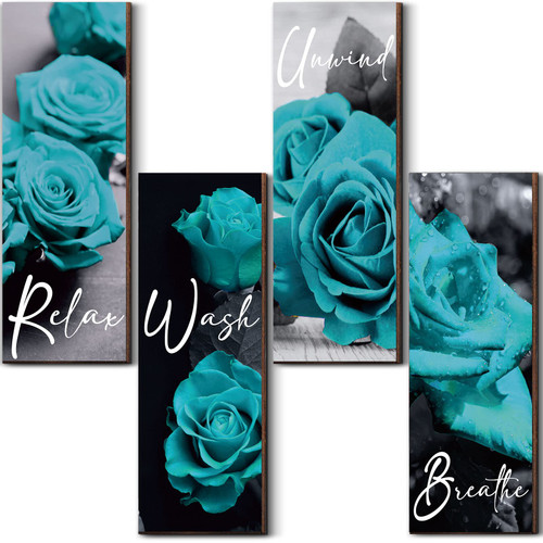 Geelin Set of 4 Bathroom Accessories Rose Bathroom Decor Wall Decor Wooden Flower Restroom Art Rustic Floral Farmhouse Relax Soak Unwind Breathe Sign for Living Room Decor, 10 x 4 Inch (Teal)