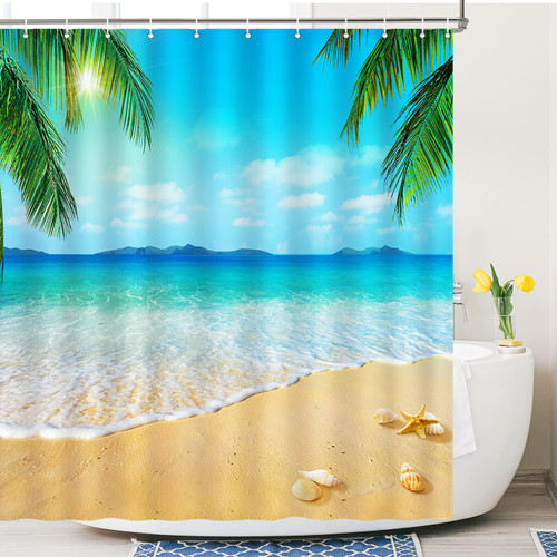 Beach Shower Curtain, Tropical Ocean Shower Curtain, Coastal Palm Trees Starfish Seashell Shower Curtains for Bathroom Decor, Polyester Waterproof Modern Shower Curtain Set with 12 Hooks, 72" x 72"