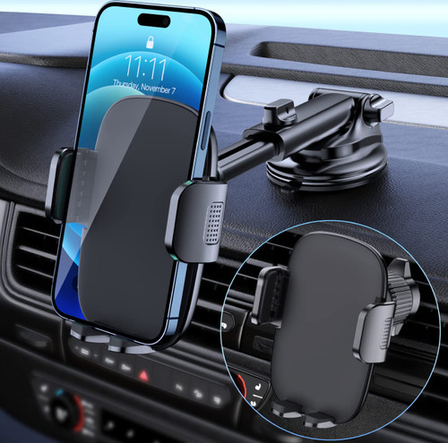 Car Phone Holder Mount [Military-Grade Suction & Stable Hook] Phone Mount for Car Windshield Dashboard Air Vent Universal Hands-Free Automobile Mounts Cell Phone Holder Fit for iPhone Smartphones