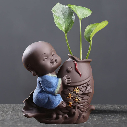 Nautance Ceramic Tea Pet Ornaments Small Buddha Statue Monk Figurine Desktop Flower Pot Hydroponic Plant Decoration Tea Accessories-4