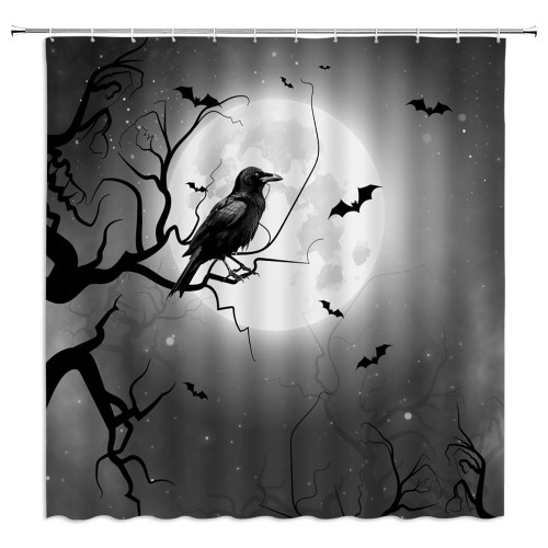 FILMILIL Halloween Raven Shower Curtain Gothic Crow Bats Full Moon Dead Tree Horror Grey Day of The Dead Creepy Polyester Bathroom Curtain Sets Fabric with Hooks 70 x 70 Inch
