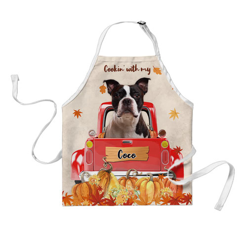 BAGEYOU Custom Name Dog Apron Cooking with My Boston Terrier Pumpkin Kitchen Apron