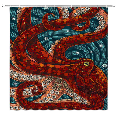 HUSPWP Octopus Shower Curtain Cool Ocean Red Kraken Tentacles Nautical Sea Animal Funny Anstract Geometric Marine Life Cretive Bathroom Curtain