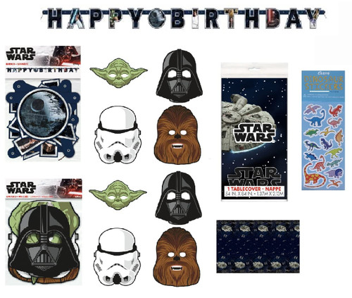 Star Wars Birthday Party Supplies Decorations Bundle includes Happy Birthday Banner, Table Cover, Party Paper Masks, 1 Esave Dinosaur Sticker Sheet