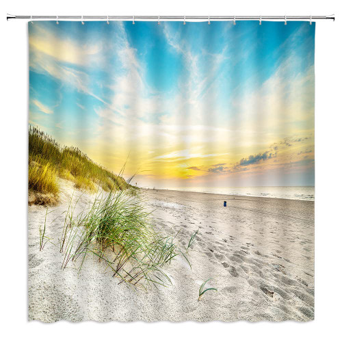 MUENKKCS Beach Shower Curtain Ocean Seaside Sunset Sunrise Scenery Wild Grass Tropical Island Summer Seacoast Nature Sea View Polyester Fabric Bathroom Decor Curtains Set with Hooks