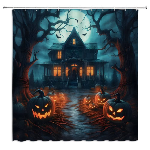ZWSMZW Halloween Shower Curtain Scary Night Haunted House Moon Dead Tree Horror Pumpkin Lantern Vintage Castle Gothic Courtyard Bathroom Decor Fabric Curtains with Hooks