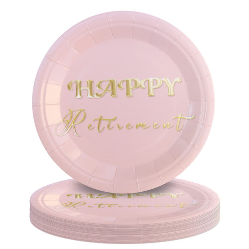 Pandecor 50 Pieces Rose Gold Retirement Party Dessert Plates,7 Inches Disposable Pink Retirement Cake Plates for Women's Retirement Party