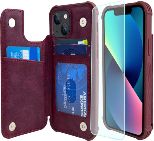 VANAVAGY iPhone 13 Wallet Case for Women and Men,Leather Flip Folio Phone Cover Fits Magnetic Car Mount with Credit Card Holder,Burgundy